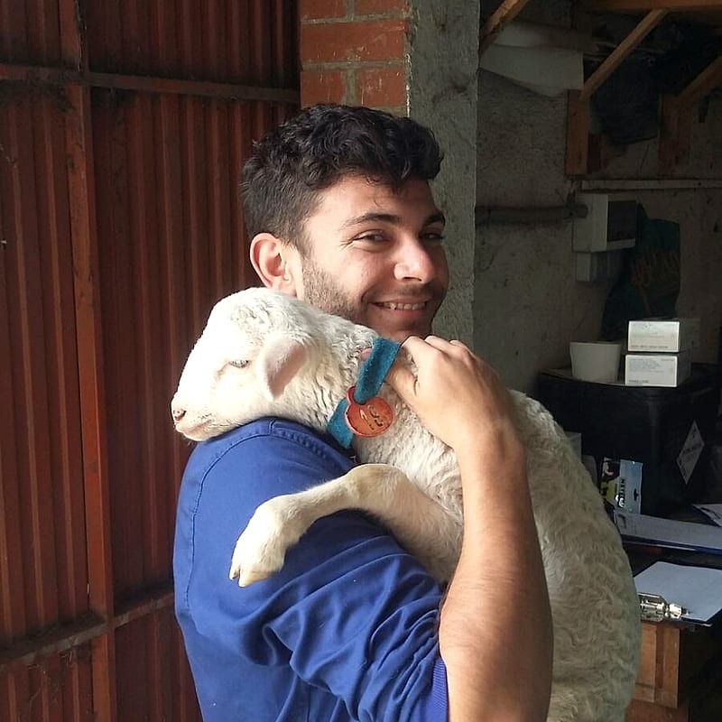 Héctor smiling while holding a lamb